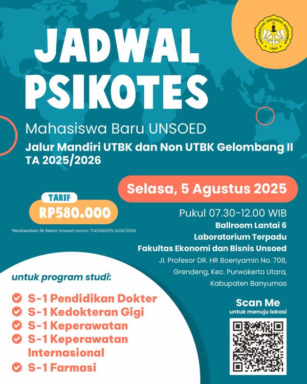 Jadwal Pelaksanaan Psikotes Mahasiswa Baru UNSOED Jalur Mandiri UTBK dan Non UTBK Gelombang II TA 2025/2026 cover image