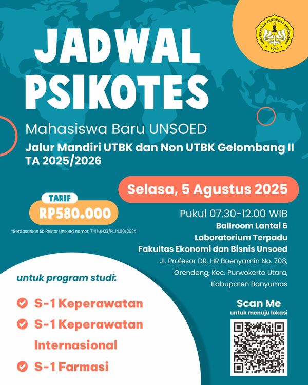 Jadwal Pelaksanaan Psikotes Mahasiswa Baru UNSOED Jalur Mandiri UTBK dan Non UTBK Gelombang II TA 2025/2026 cover image