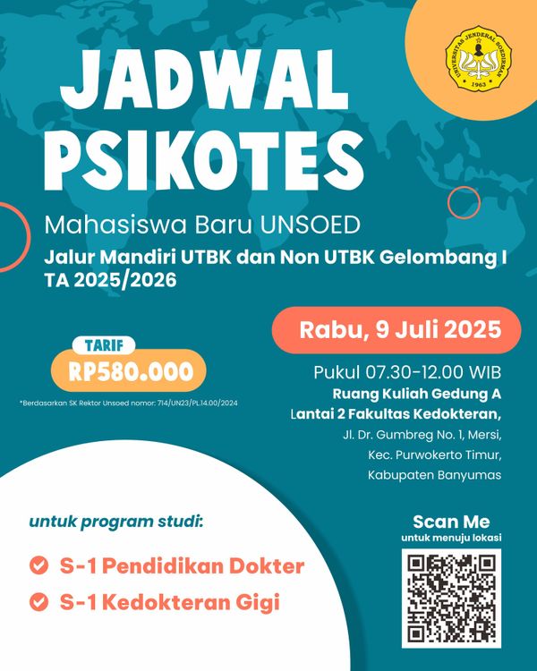 Jadwal Pelaksanaan Psikotes Mahasiswa Baru FK UNSOED Jalur Mandiri UTBK dan Non UTBK Gelombang 1 TA 2025/2026 cover image