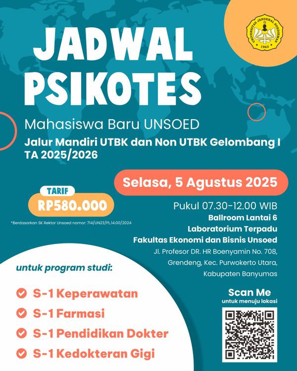 Jadwal Pelaksanaan Psikotes Mahasiswa Baru UNSOED Jalur Mandiri UTBK dan Non UTBK Gelombang 1 TA 2025/2026 cover image