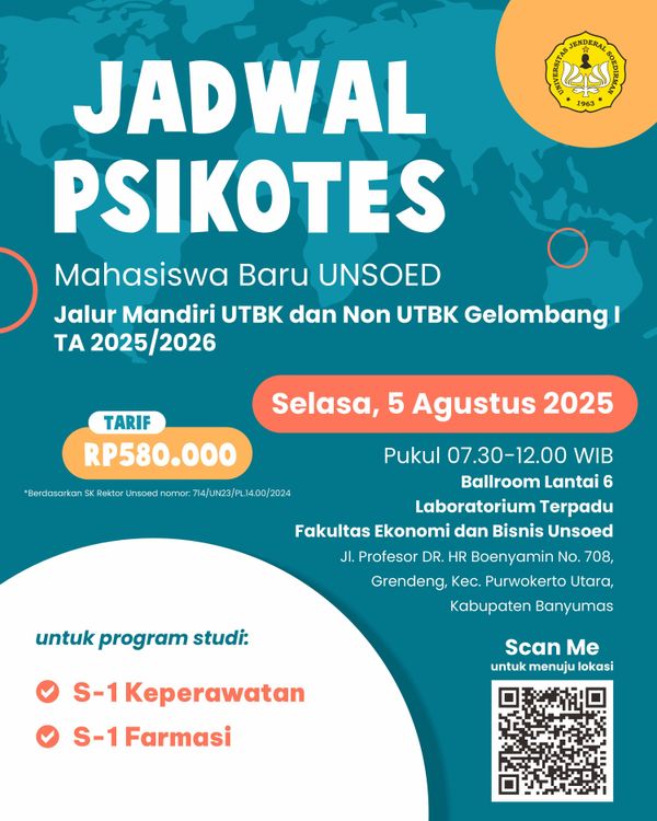 Jadwal Pelaksanaan Psikotes Mahasiswa Baru Fikes UNSOED Jalur Mandiri UTBK dan Non UTBK Gelombang 1 TA 2025/2026 cover image