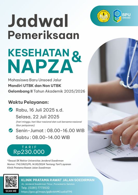 Jadwal Pelayanan Tes Kesehatan dan Napza Mahasiswa Baru Unsoed Jalur Mandiri UTBK dan Non UTBK Gelombang II Tahun Akademik 2025/2026 cover image