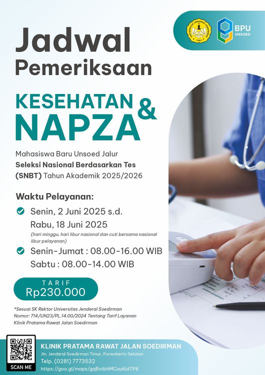 Jadwal Pelayanan Tes Kesehatan dan Napza Mahasiswa Baru Unsoed Jalur SNBT Tahun Akademik 2025/2026 cover image