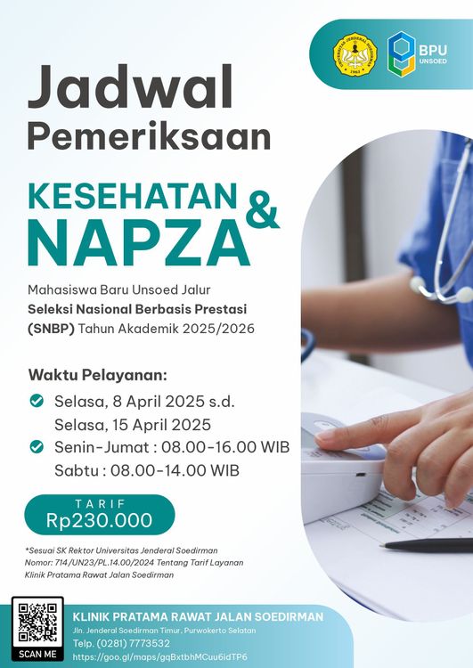 Jadwal Pelayanan Tes Kesehatan dan Napza Mahasiswa Baru Unsoed Jalur SNBP Tahun Akademik 2025/2026 cover image