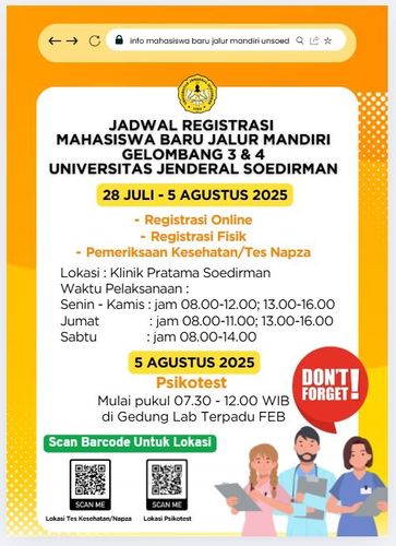 Jadwal Pelayanan Tes Kesehatan dan Napza Mahasiswa Baru Unsoed Jalur Mandiri UTBK dan Non UTBK Gelombang 3 dan 4 Tahun Akademik 2025/2026 cover image